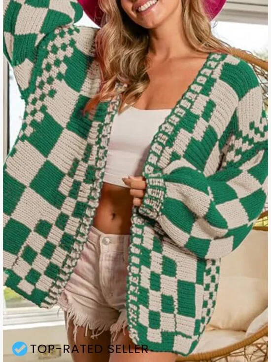 Vintage Checkered Cardigan Chunky Knit Oversized Boyfriend Style Open Front - Picture 2 of 6